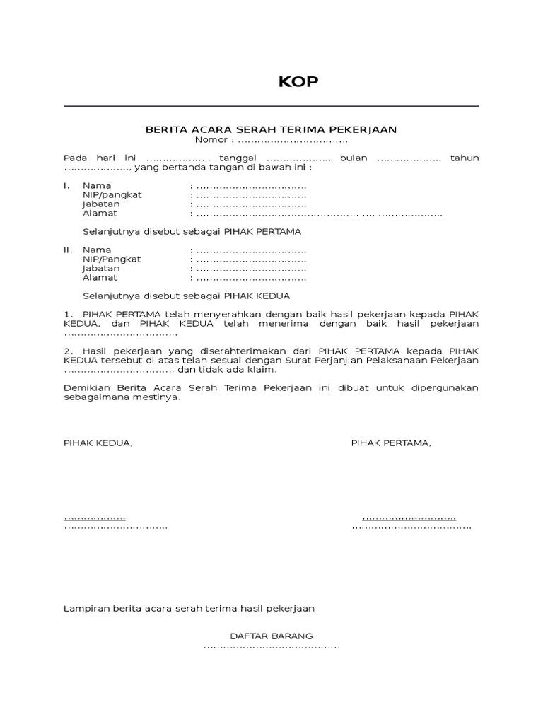Contoh surat berita acara serah terima pekerjaan proyek BERKAS Page 1 4.