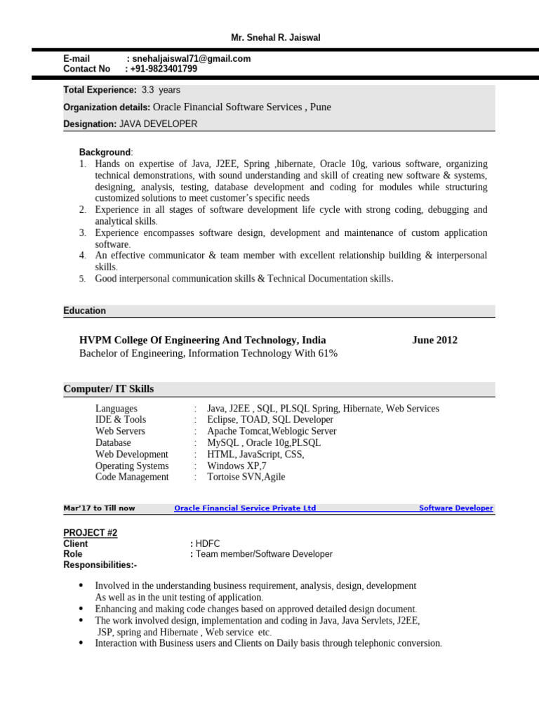 Java Developer Resume | PDF | Software Development | Java (Programming ...