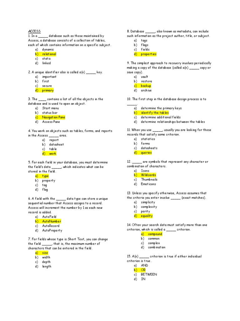 Access Questions Answer Key Data Management Databases