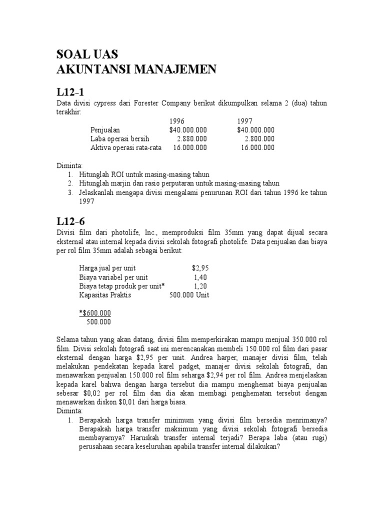Soal Uas Akuntansi Manajemen Studi Indonesia