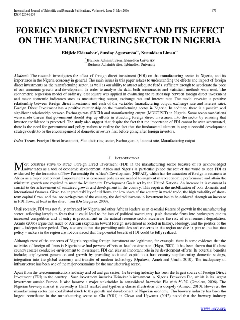 Impact of FDI on Nigeria's Manufacturing Sector | PDF | Foreign Direct ...