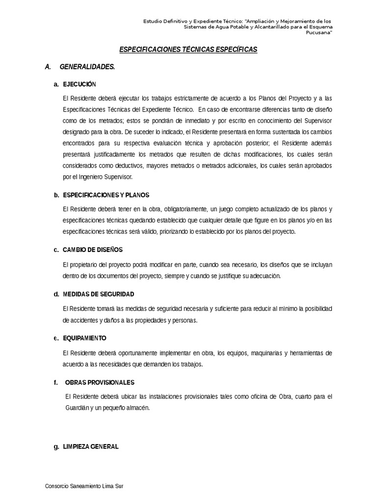 Especificaciones Tecnicas Agua y Desague | Alcantarillado | Presupuesto