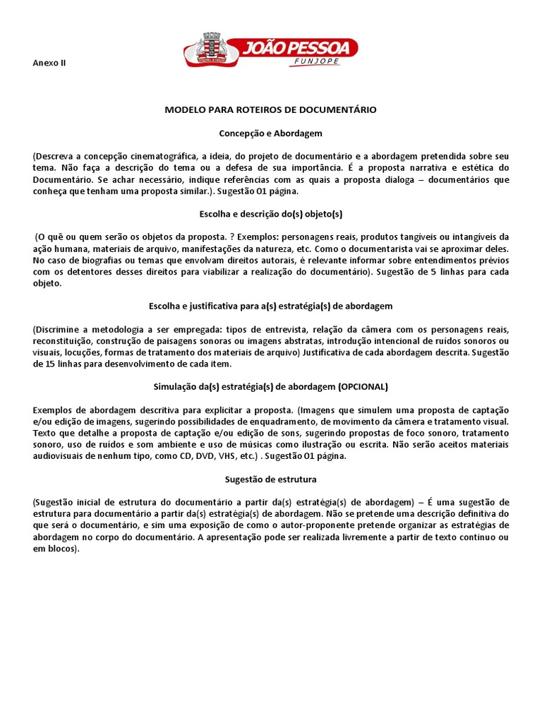 Modelo para roteiros de documentários Documentário Câmera