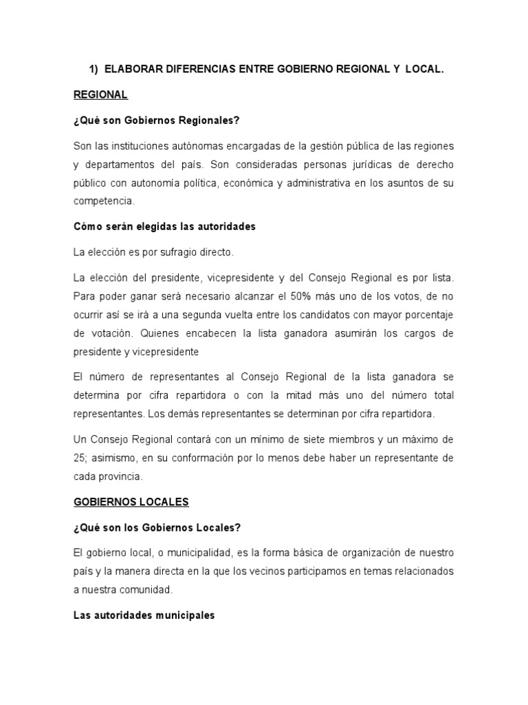 Diferencias entre Gobiernos Regionales y Locales | PDF | Alcalde ...