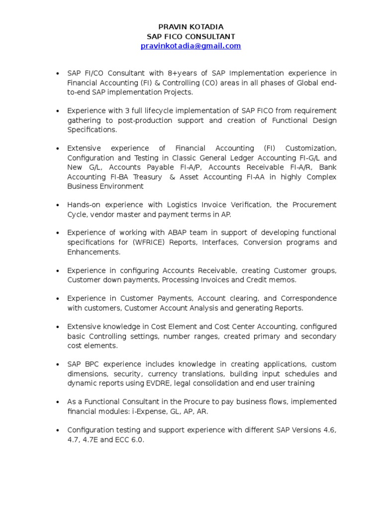 Pravin Sap Fico Resume | PDF | Business Process | Valuation (Finance)