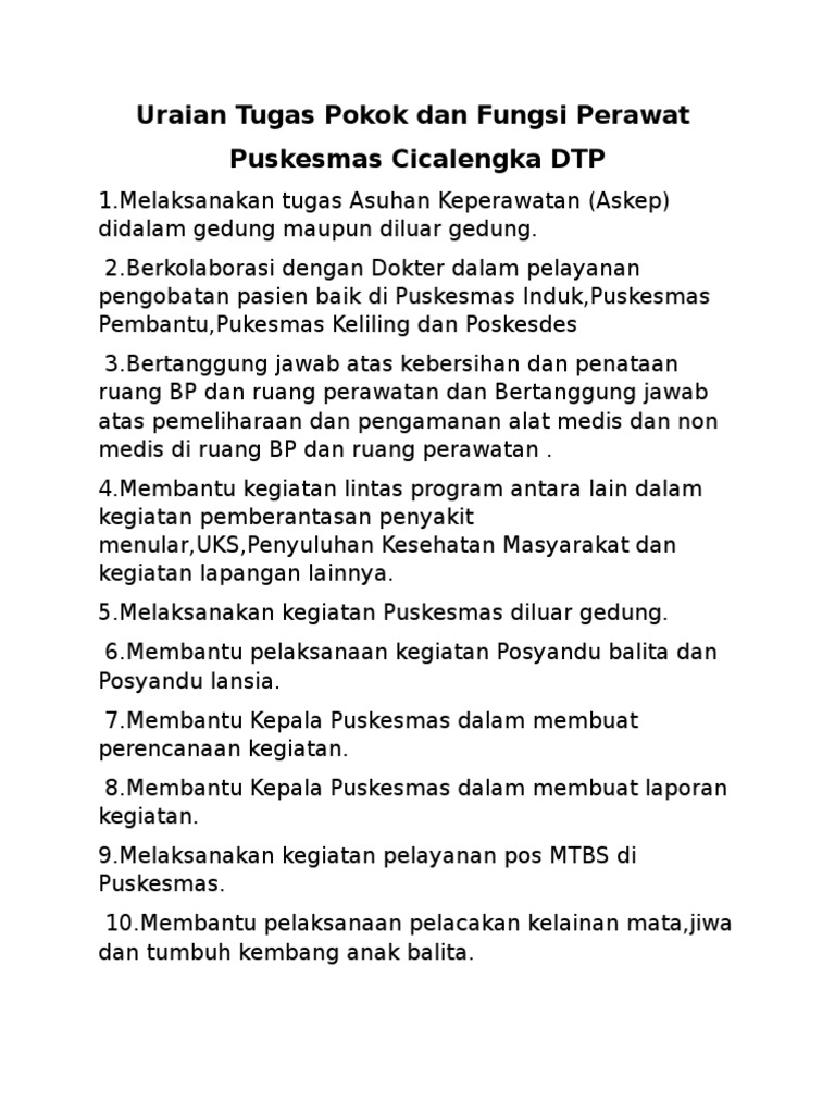 Uraian Tugas Pokok dan Fungsi Perawat Puskesmas Cicalengka