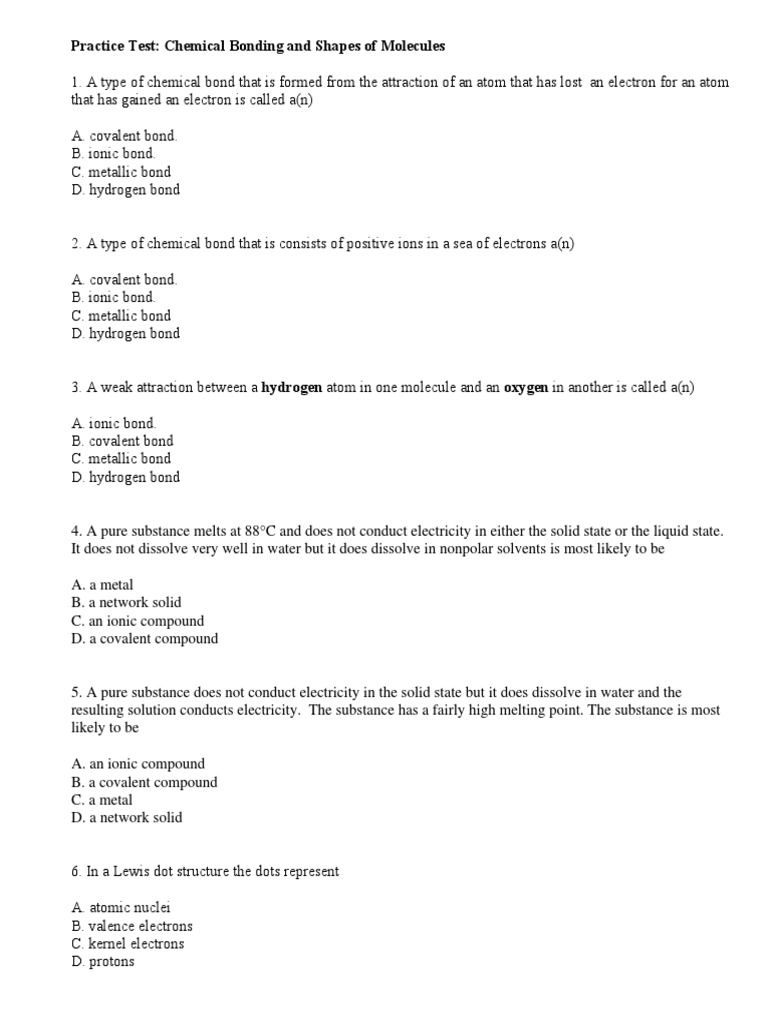 Chemical Bonding Practice Test | PDF | Ionic Bonding | Chemical Bond