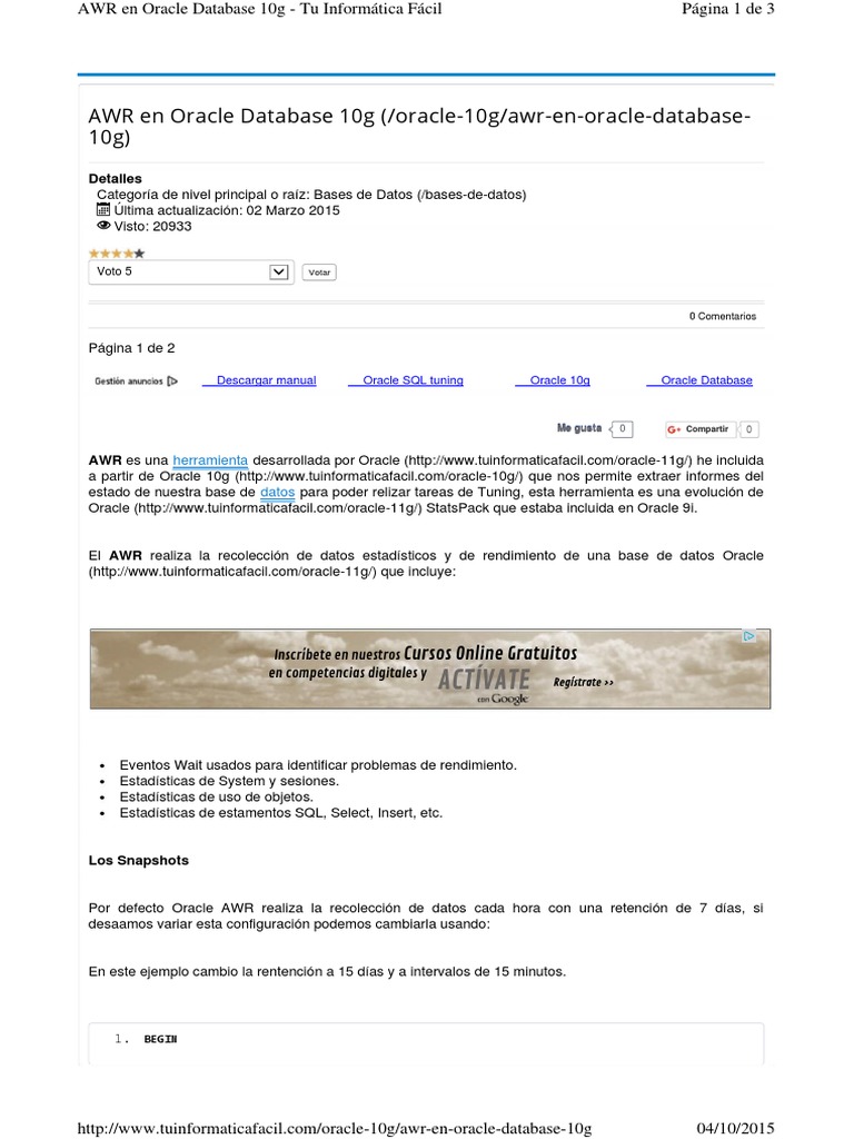 Guía AWR en Oracle Database 10g | PDF | Oracle Corporation | SQL
