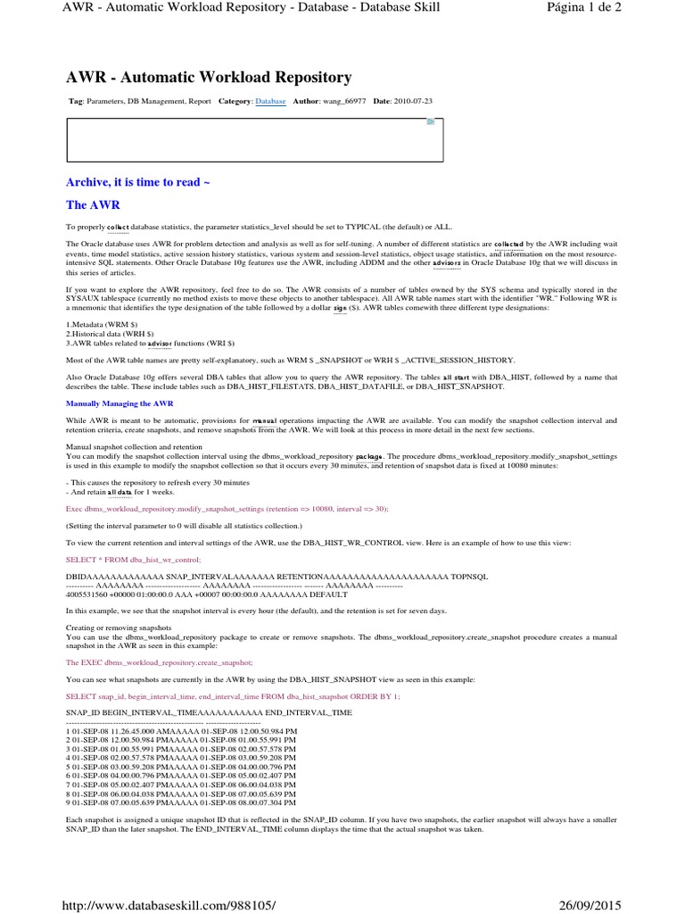 AWR - Automatic Workload Repository | PDF | Oracle Database | Database ...