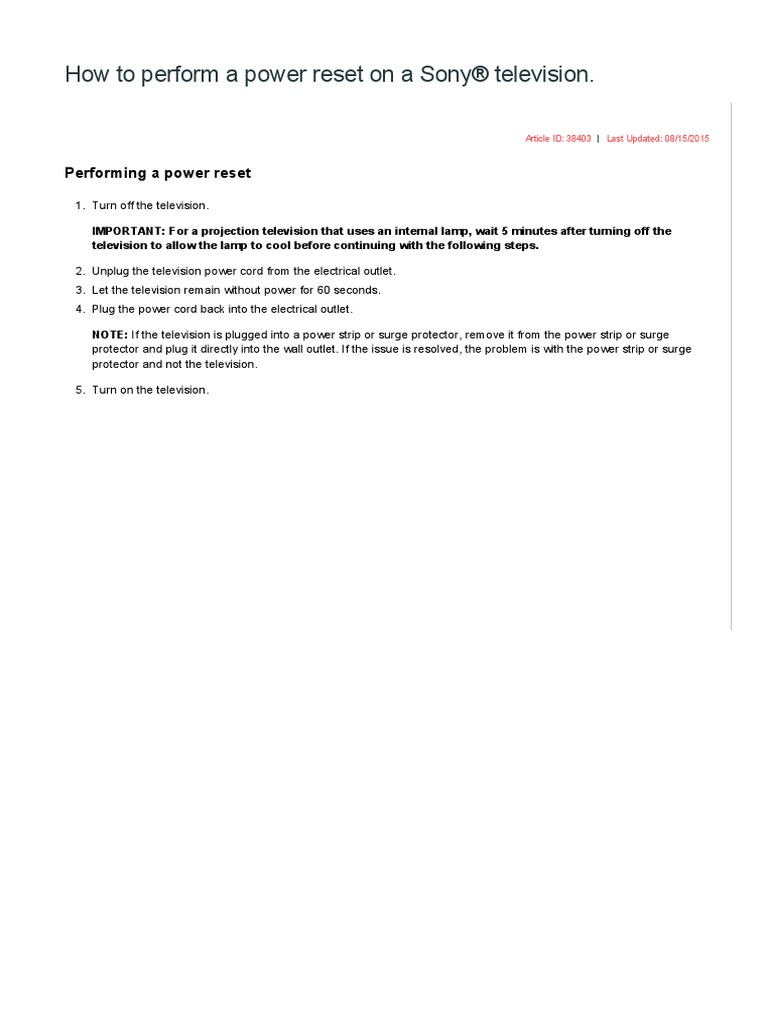 Power Reset for Sony Televisions | PDF