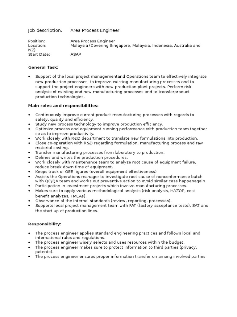 Area Process Engineer | PDF | Business | Computers
