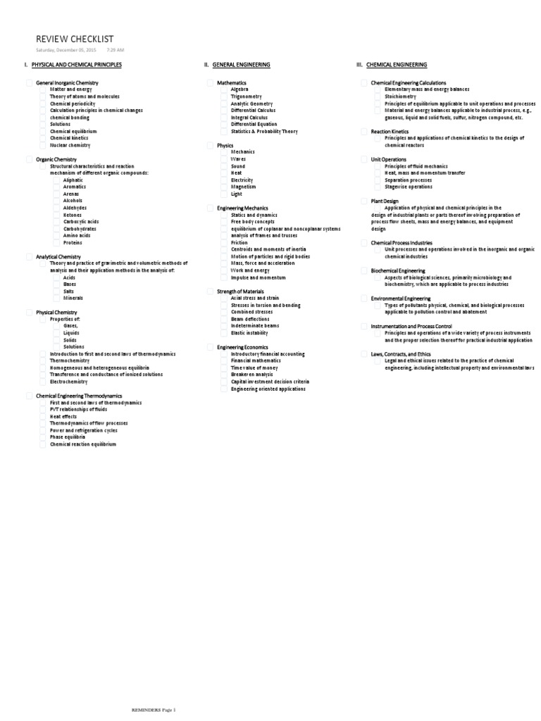 Review Checklist | PDF | Stress (Mechanics) | Chemical Equilibrium