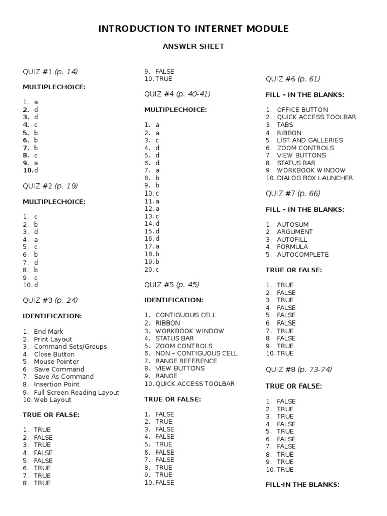 Answer sheet-INTRODUCTION TO INTERNET MODULE | PDF