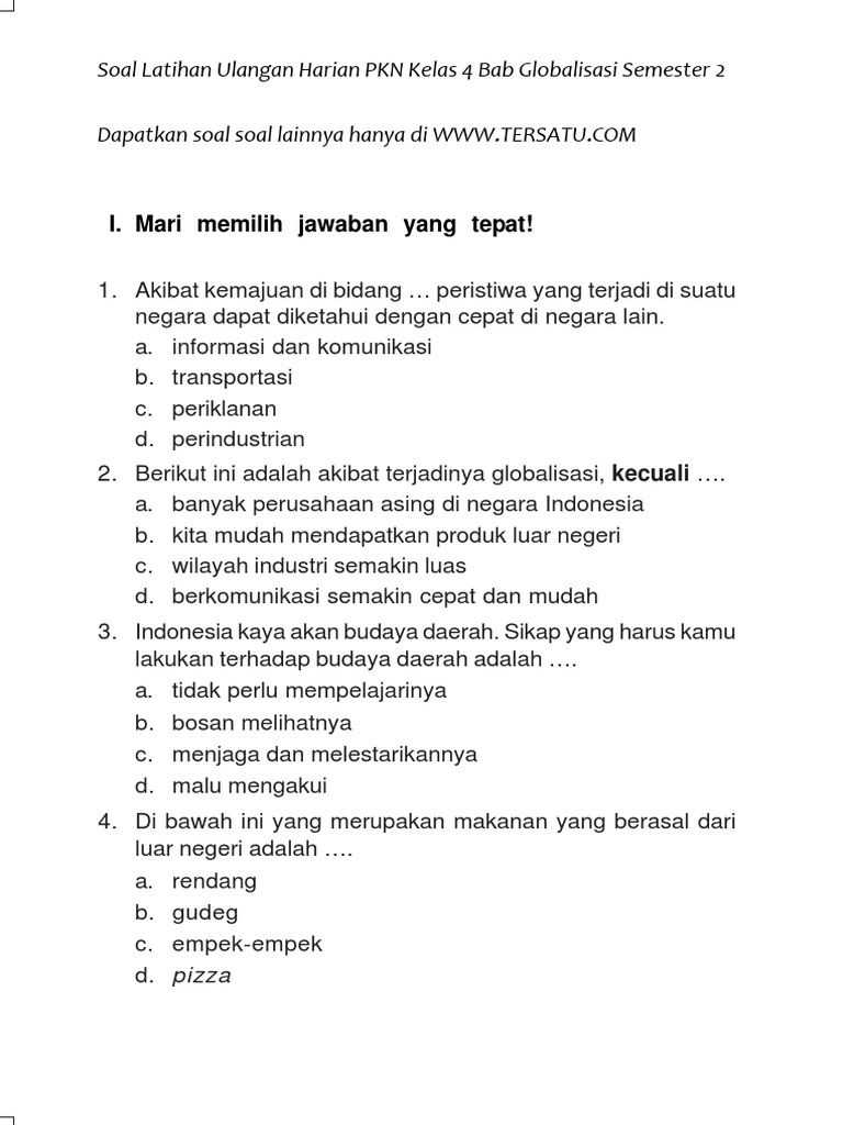 Soal Uh Pkn Kelas 4 Bab Globalisasi Semester 2