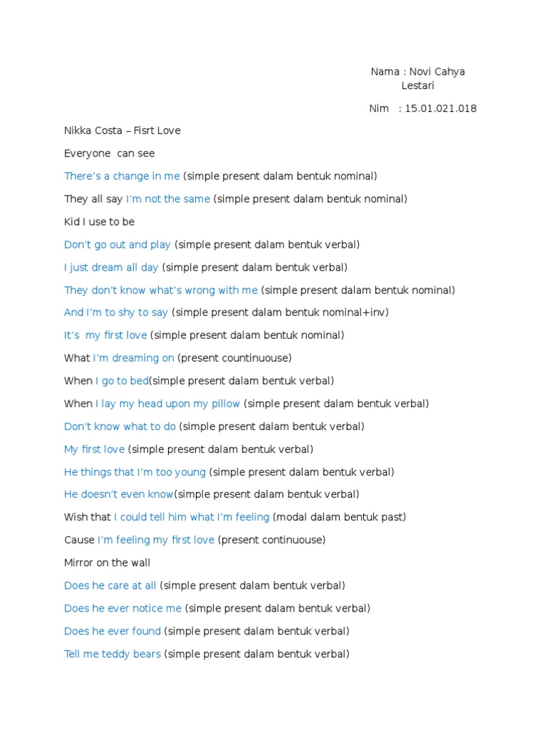 Lirik Lagu Nikka Costa First Love