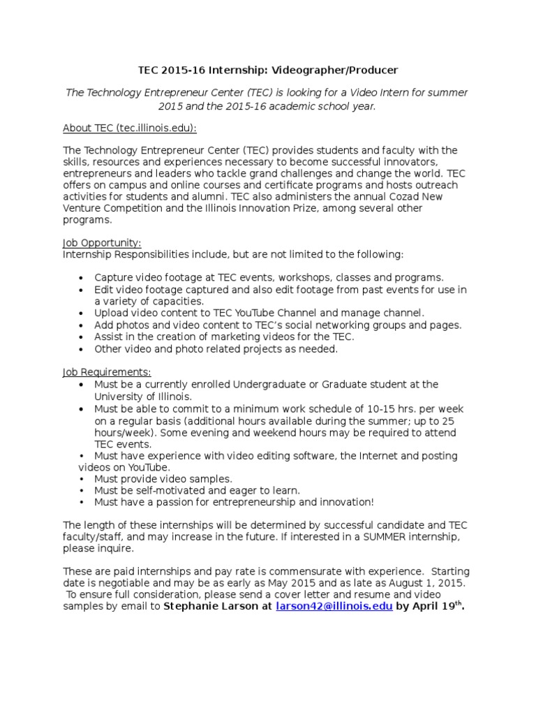 TEC Video Internship Opportunity 2015-16 | PDF | Business