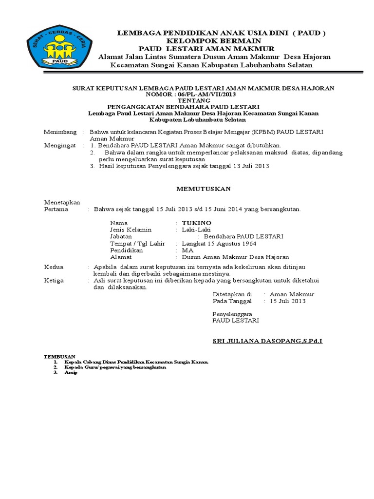 Sk Bendahara Paud Revisi Sekolah