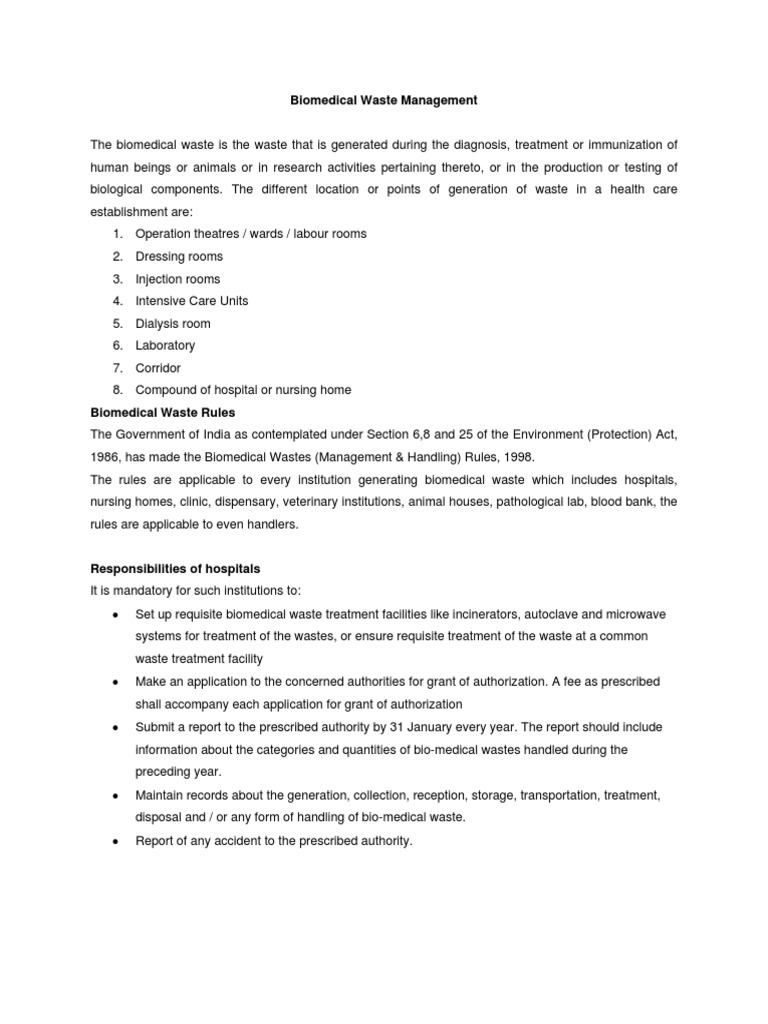 Biomedical Waste Management Overview | PDF | Sterilization ...
