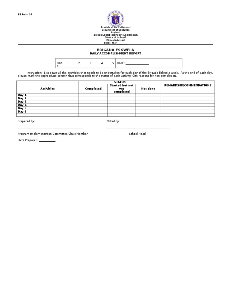Be Form 6 Daily Accomplishment Report | PDF