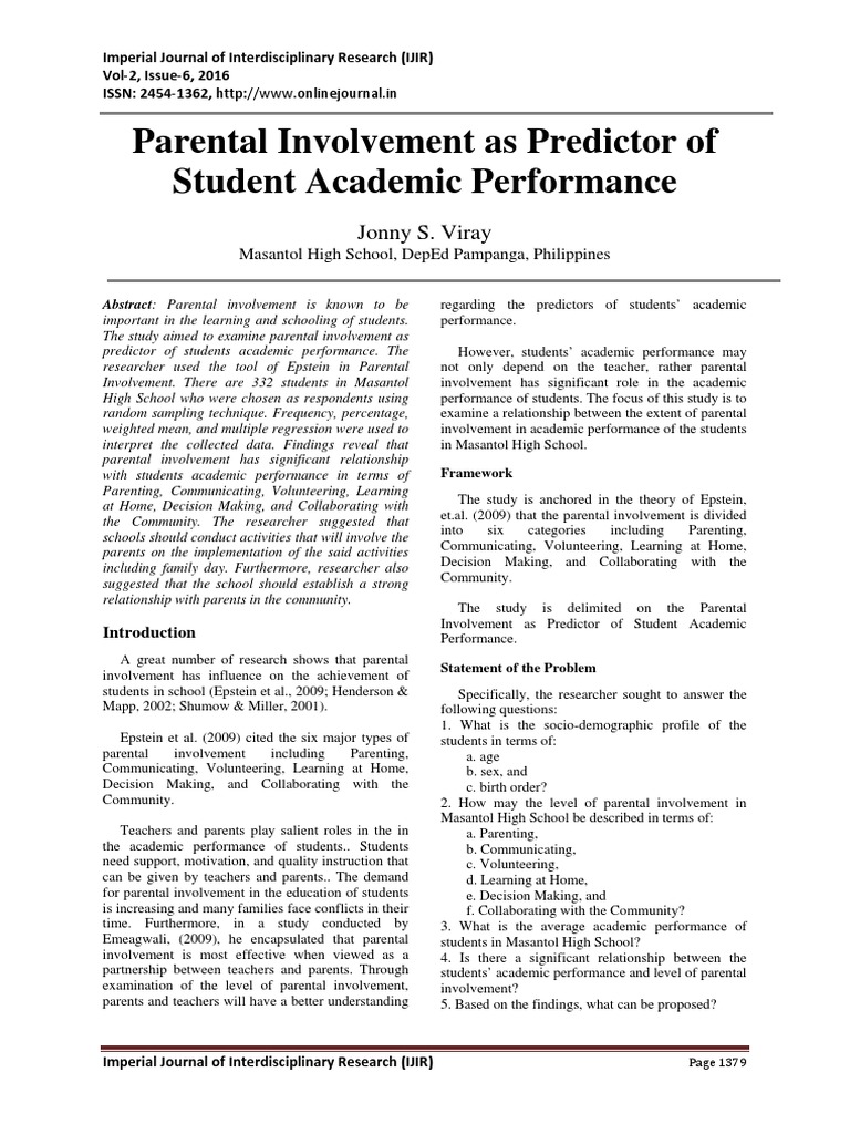 Parental Involvement and Student Success | PDF | Analysis Of Variance ...