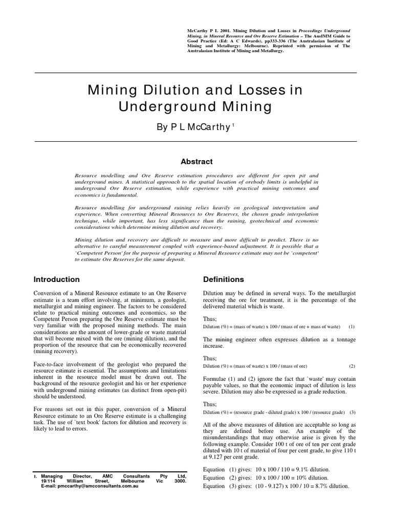 Dilution and Losses in Underground Mining PDF Mining Minerals