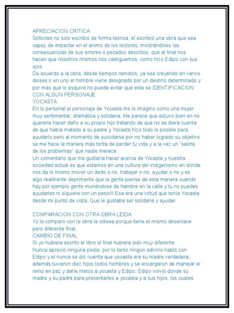 Apreciacion Crítica Edipo Rey Edipo Sófocles