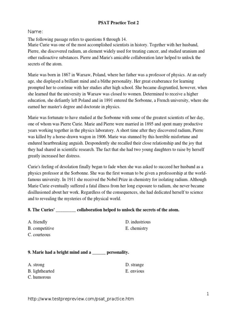 PSAT Practice Test 2 | PDF | Patent | Marie Curie