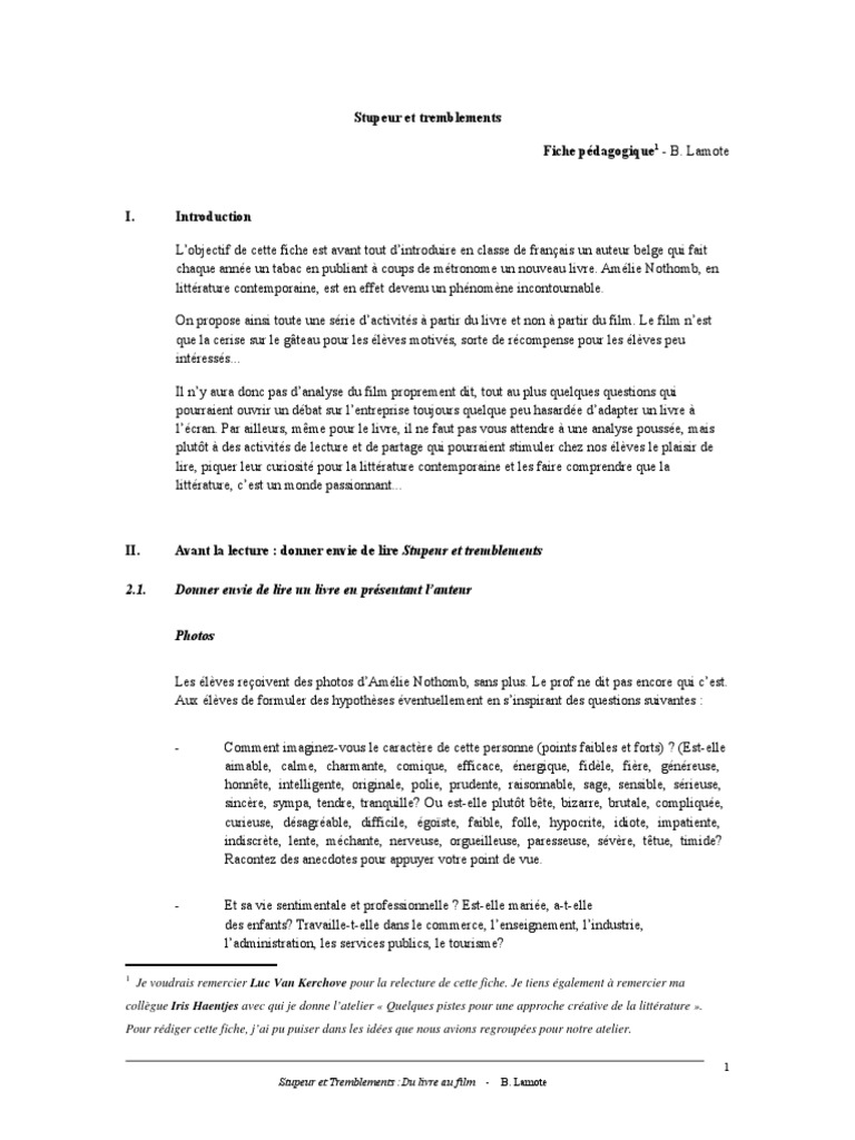 Stupeur Et Tremblements Resume Fiche De Lecture