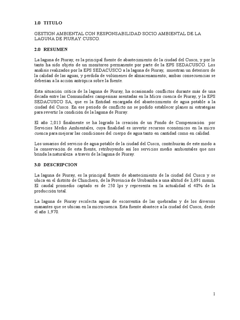 Gestión Ambiental de la Laguna Piuray | PDF | Agua potable ...