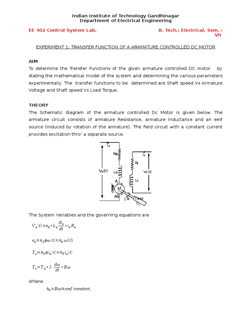Exp 1 Transfer Function of Armature Controlled DC Motor | PDF ...