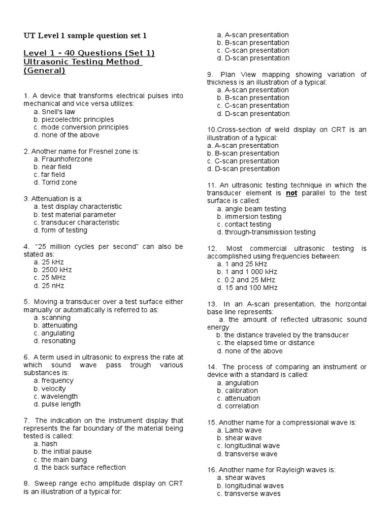 UT Level 1 Sample Question Set 1 Waves Ultrasound