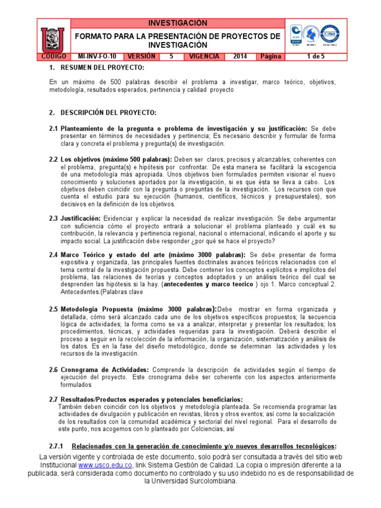 Mi-Inv-fo-10 Formato para La Presentacion de Proyectos de Investigacion ...