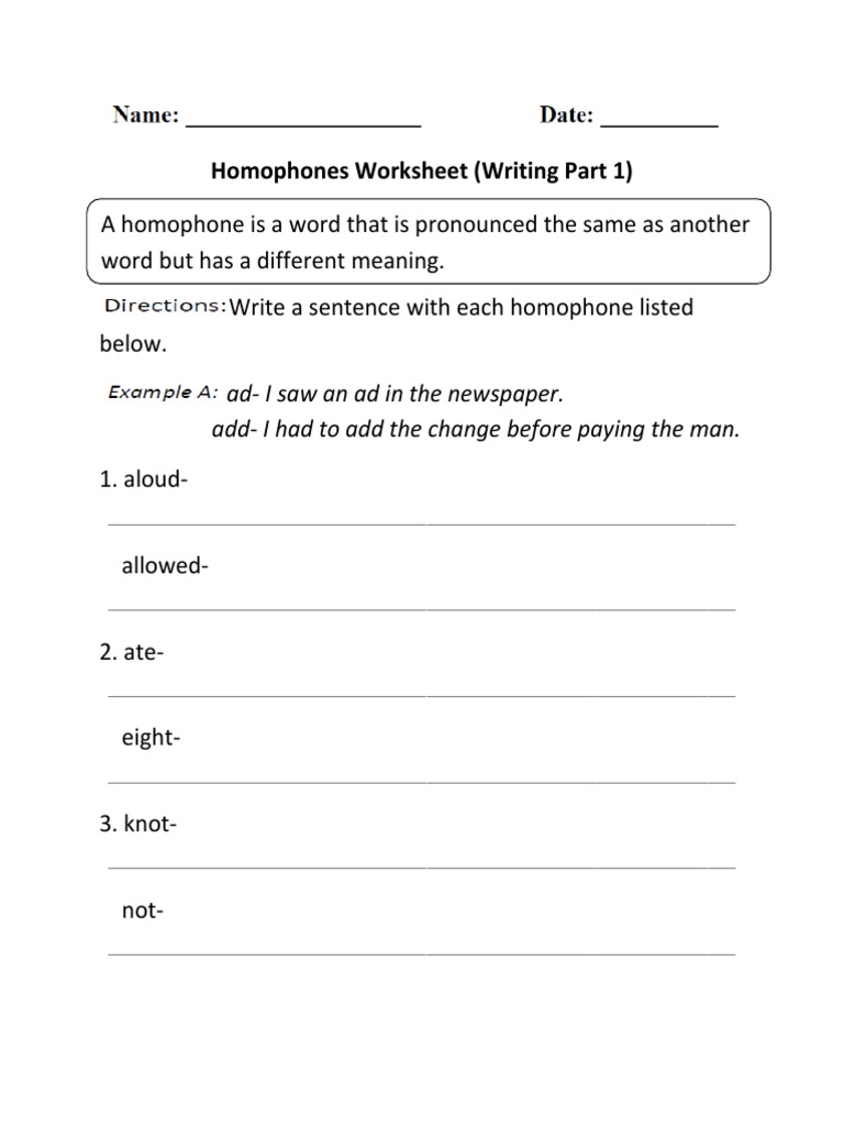 Homophones Writing Worksheet | PDF