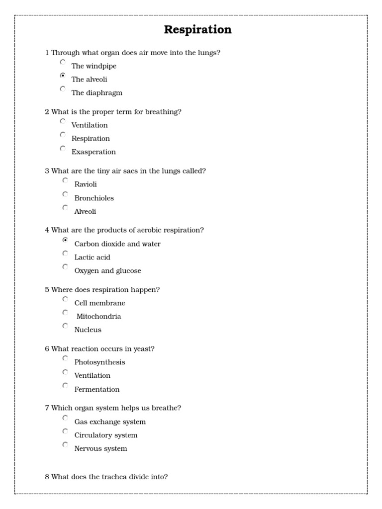 Respiration Sample Multiple Choice Questions | PDF | Wellness | Science ...