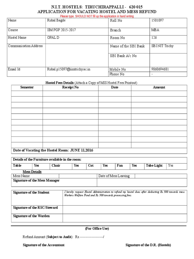 Vacating Hostel Mess Refund | PDF | Business
