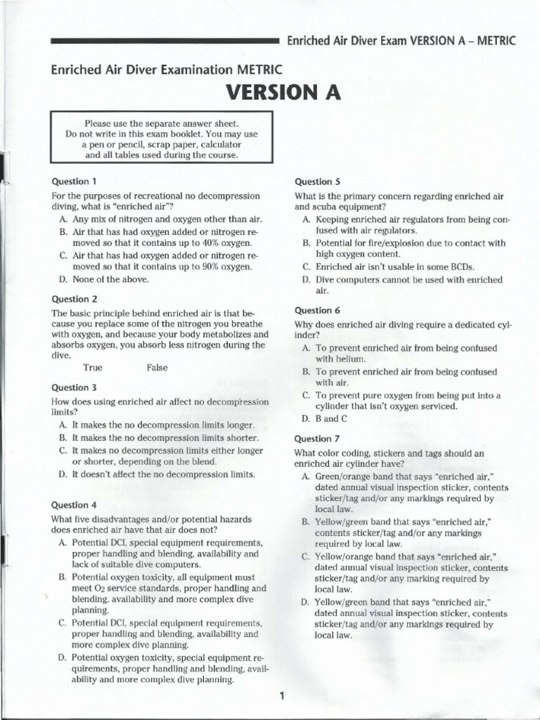 Nitrox Exam.A Metric 01 Scuba Diving Underwater Diving