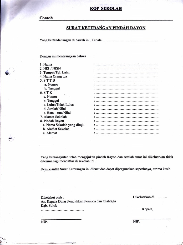 Contoh Surat Keterangan Pindah Rayon