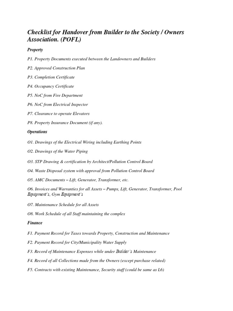 Checklist For Handover From Builder To The Society | PDF | Ownership ...
