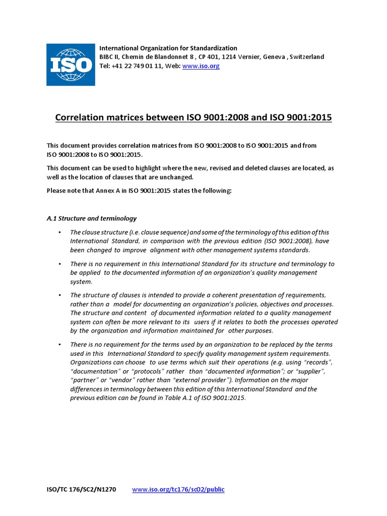 Correlation Matrices Between ISO 9001 2008 and ISO 9001 2015 | PDF