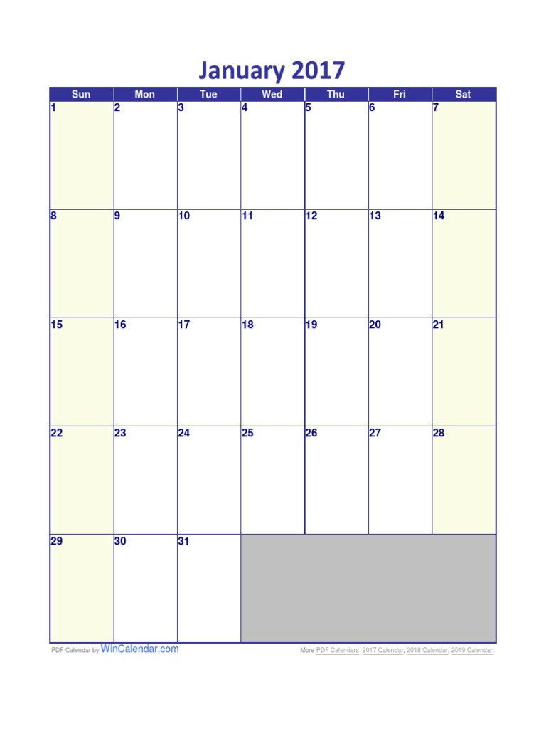 January 2017 PDF Calendar | PDF