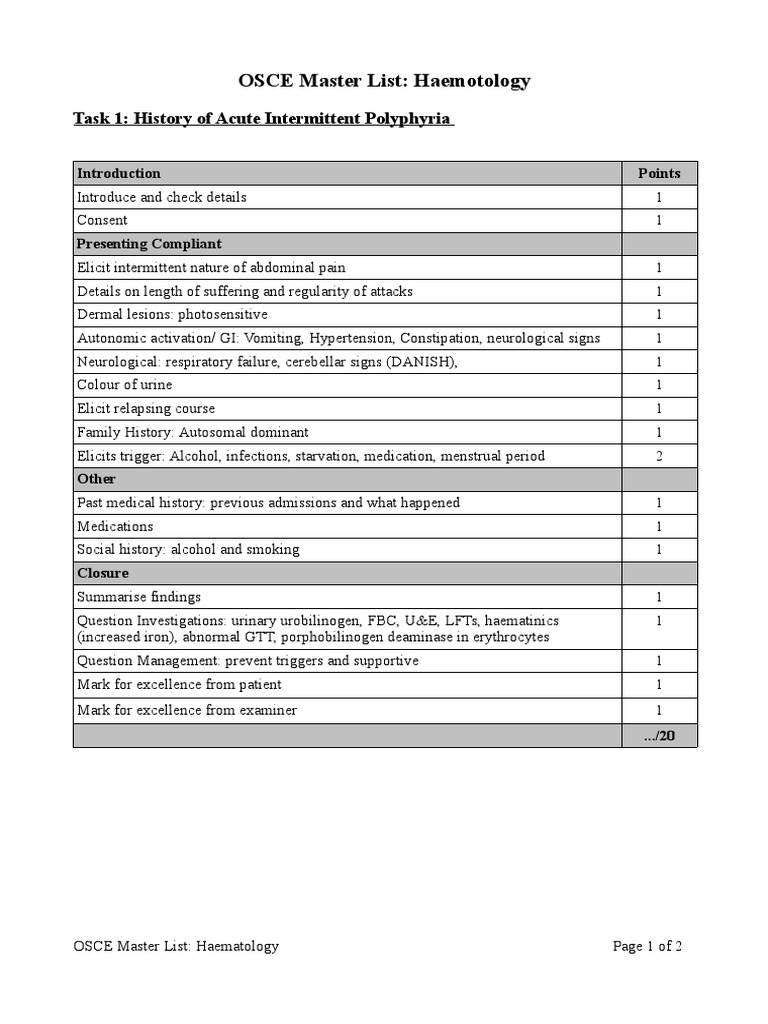 Haematology OSCE Master Checklist | PDF | Wellness