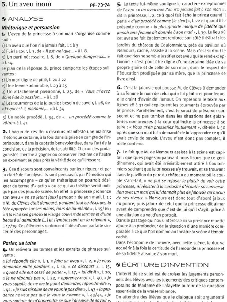 L aveu De La Princesse De Clèves Analyse Linéaire Un Aveu Inouïe La Princesse de Clèves Lafayette Étude Scène | PDF