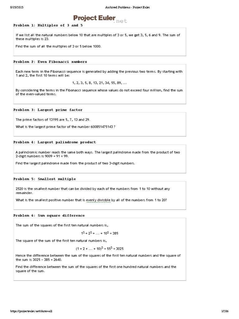 Project Euler Problem Summaries | PDF | Prime Number | Fraction ...