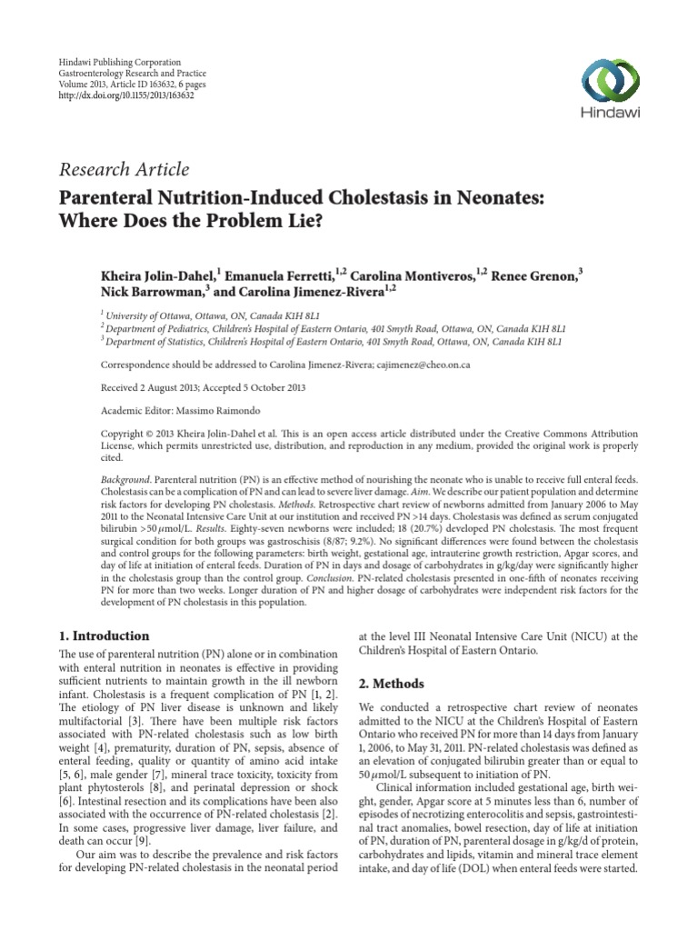 Parenteral NutritionInduced Cholestasis in Neonates Preterm Birth