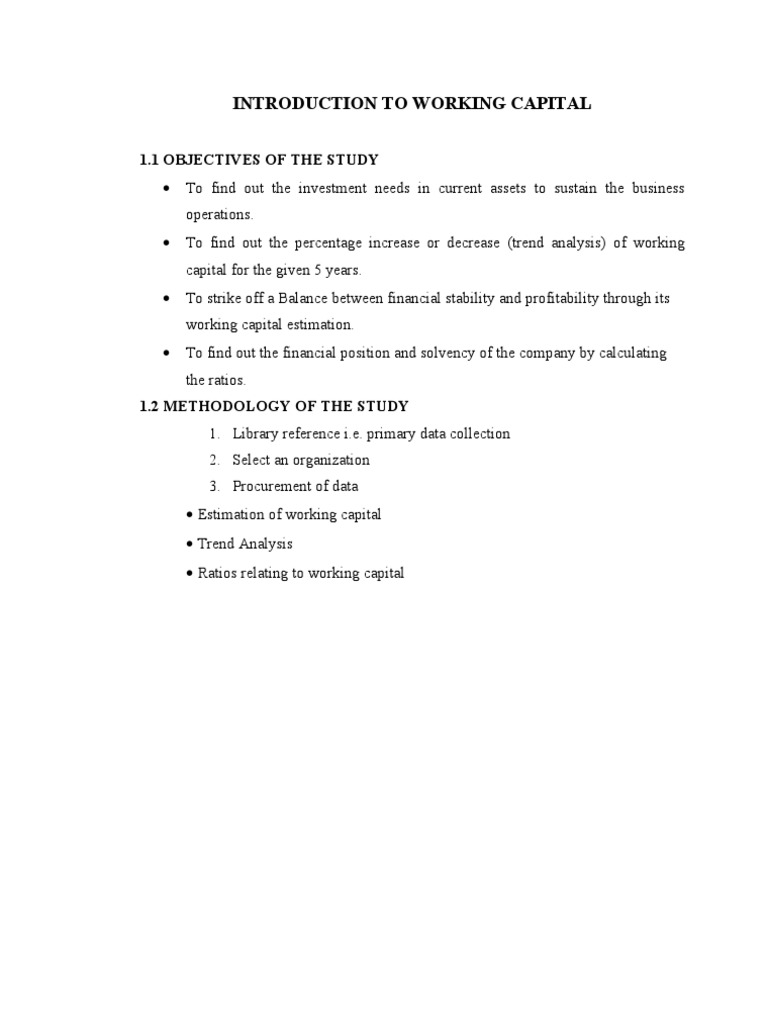 Introduction To Working Capital: 1.1 Objectives of The Study | PDF ...