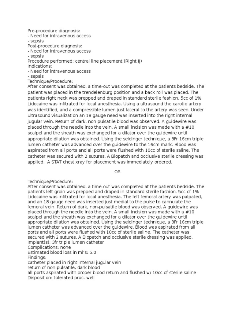 Central Line Placement Procedure Note | PDF