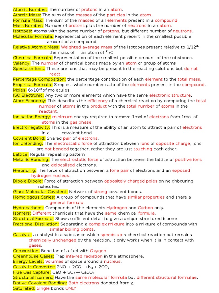 AQA A Level Chemistry Unit 1 Definitions Chemical Compounds Atoms