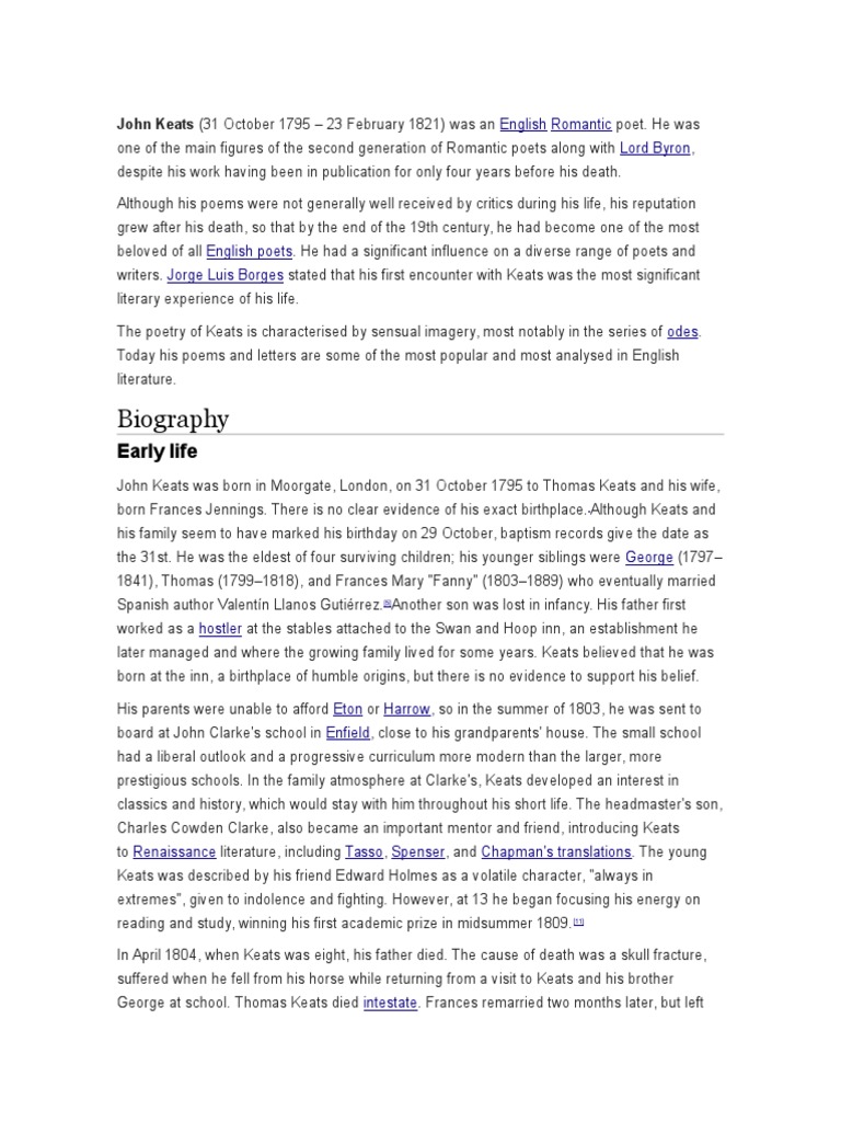 John Keats: Life and Legacy | PDF | John Keats | Poetry