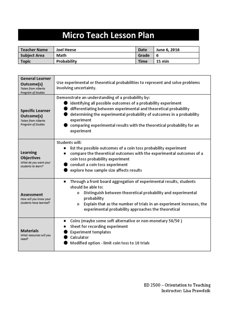 Probability Lesson Plan for Grade 6 | PDF | Experiment | Probability
