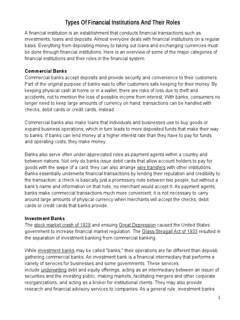 Types of Financial Institutions and Their Roles | PDF | Finance & Money ...